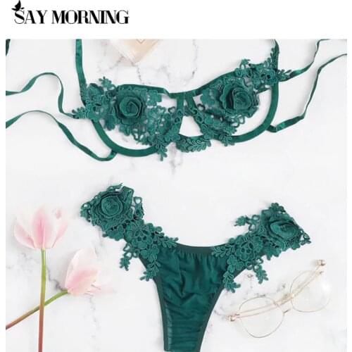 SAY MORNING Womens Sexy Lingerie Set Butterfly Applique Perspective Bra Set Underwire Gather Bra Sexy Thong Black Underwear Set