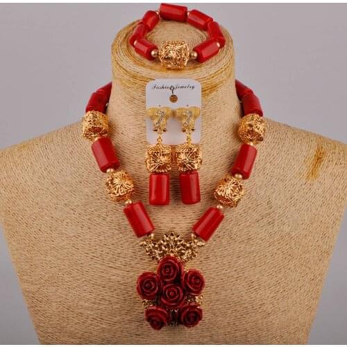 Fashion Costume Necklace Red African Coral Beads Jewelry Set Women Nigerian Wedding Bridal Set