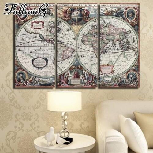 FULLCANG diy full square round drill large triptych 5d diamond painting vintage world map mosaic embroidery kit decor FC2365