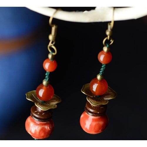 New fashion vintage bronze earrings, handmade red stone dangle earrings ,New Ethnic jewelry humble ceramic earrings