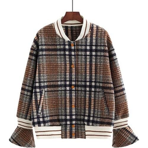 Authentic Fashion Fat mm Large Size Womens 2018 Winter New Short Wool Baseball Uniform Plaid Jacket Top Loose