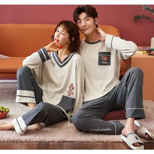 Couple Pajamas Women Cartoon Long-sleeved Pajamas Trendy Home Service Autumn and Winter Suits Cotton Plus Size Couple Pajamas