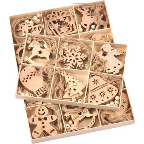 1Box(30pcs) Wood Christmas Tree Pendant Hanging Ornament Santa Claus Angel Star Xmas Party Decor DIY Home Decoration mt2704