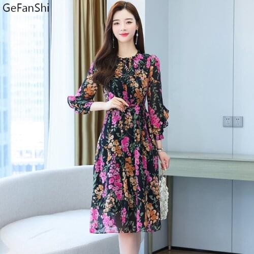 Autumn Winter Korean Vintage Print O-Neck Chiffon Slim Long Sleeve Women Dress Fashion Casual Elegant Lady Sweet Dresses