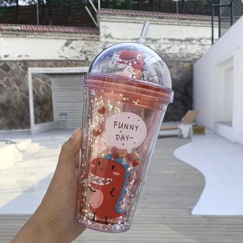 Net Red Dinosaur Straw Cup Ins Wind Vibrato Water Bottles Portable Female Double Quicksand Plastic Girl Student Cups Gifts