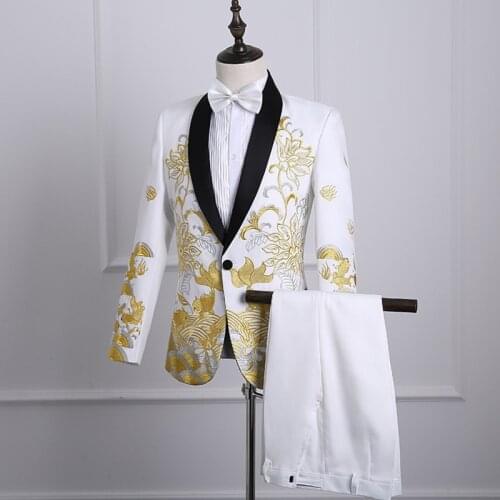 Dress Embroidery Wedding Suit Host Singer Performance Costume Homme Mariage Gold Black Groom Wedding Suit 2021 Completi Uomo