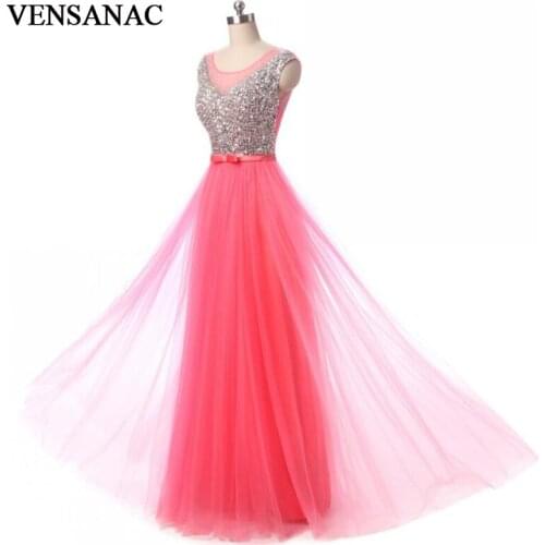 VENSANAC 2018 A Line Sheer O Neck Crystals Long Evening Dresses Elegant Lace Tank Bow Sash Tulle Party Prom Gowns