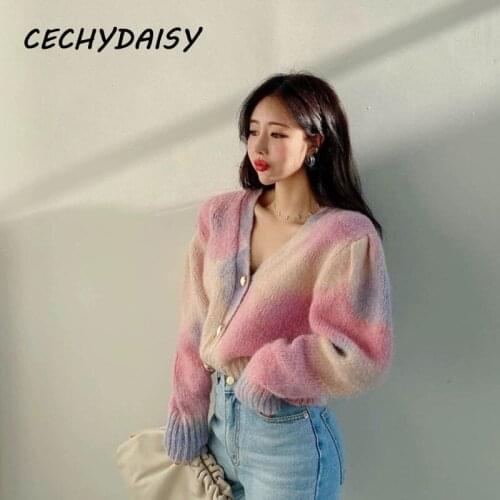 Style Knitted Sweaters Korean Cardigan Women Autumn Single Breasted Sexy V-Neck Rainbow Striped Puff Sleeve Crop Tops Outwear Za