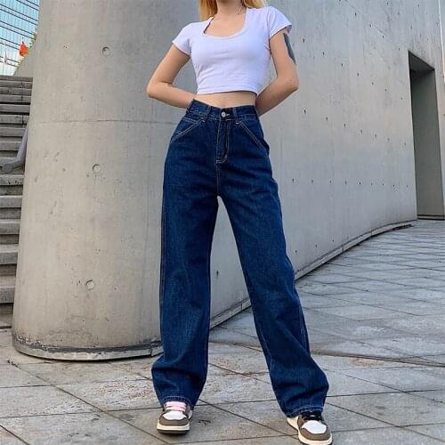 Women Casual Jeans, Dark Blue High Waist Straight-leg Long Pants with Pockets, S/ M/ L/ XL
