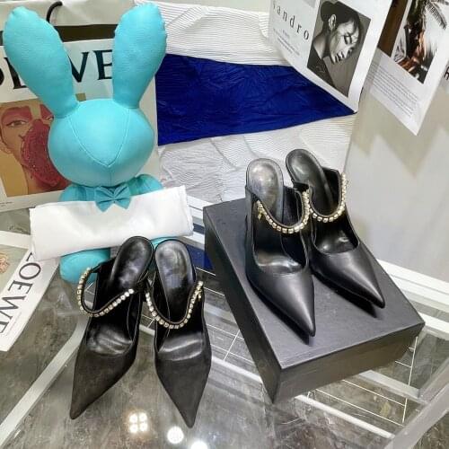 2021 New Summer Slippers Pointed Toe Women Slippers Rhinestones Women Shoes Fashion Genuine Leather Sexy High Heels Shoes Woman