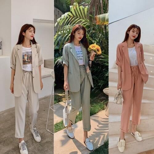 Casual Office Green Two-Piece Ladies Pant Sets Summer Womens Solid Half Sleeve Blazer Cropped Pants Outfits