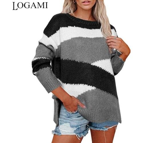 LOGAMI Womens Irregular Stripes Color-block Pullover Sweater Woman Long Sleeve O Neck Knitwear 2020 Autumn Winter