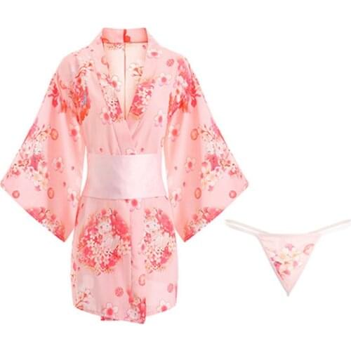 Women Erotic Lingerie Uniform Japanese Cherry Sakura Cat Print Kimono Bathrobe Yukata Sexy Anime Cosplay Nightgown