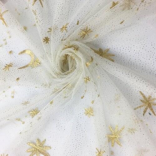 5Yards French Nigerian Lace Fabrics High Quality Tulle Lace Gold Star Embroidery Bronzing Mesh Lace Wedding Dress DIY Cloth