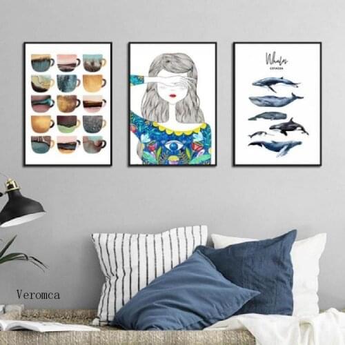 Abstract Watercolor Canvas Painting Girl Coffee Cup Animal Poster Nordic Wall Art Decor Picture for Living Room Bedroom
