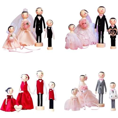 4Pcs Wood Peg Assorted Wedding Dolls Decors Family Figurine Toys Party Home Office Bridal Shower Ornaments