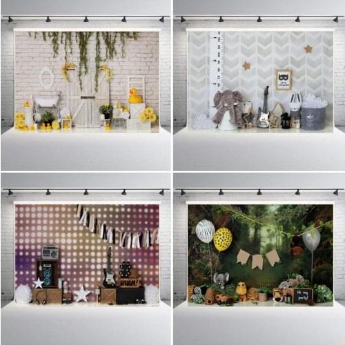 Wood Backdrop Photography Props Balloons Party Cute Guitar Style Vine Flower Doll Kids Birthday Photoshoot Background