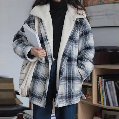 Stand-Up Collar Jacket New Retro Plaid Lamb Fur Coat Plus Velvet Liner Tooling Loose Casual Warm Women Winter Outerwear