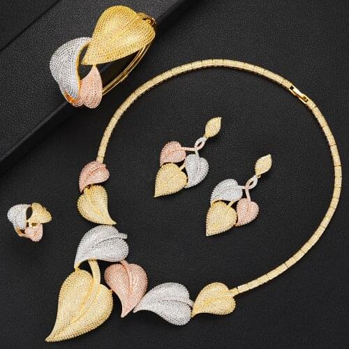 LARRAURI New Luxury Geometry Leaf Statement Jewellry Set Charms Women Wedding Cubic Zirconia Dress Necklace Earring Jewelry Sets