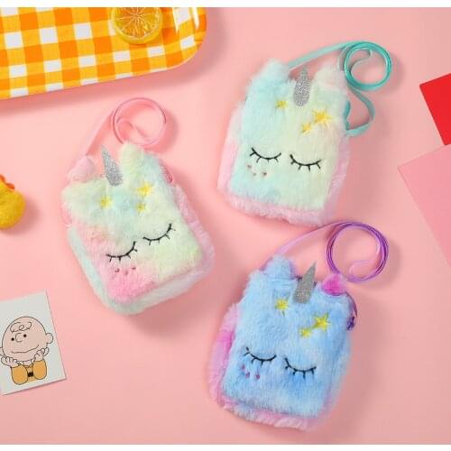 Cartoon Plush Unicorn Coin Purse Cute Square Shoulder Bag Girls Wallet Bag Crossbody Bag Sling Card Money Holder Pouch Kids Gift