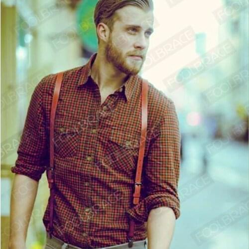 British Style 3 Clips Mens Suspenders Vintage Adjustable Cowhide Cowboy Genuine Leather Suspender Bronze Strap Pant Braces