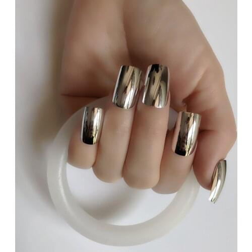 Long Square Flat head Press On Nails Silver Mirror Metal False Nails Beautiful Shining Sexy Design Nails Supplies