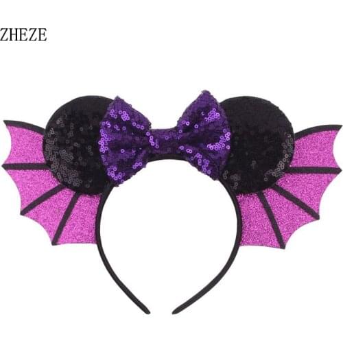 1PC NEW Halloween Festival Headband Bat Wings Mouse Sequin Bow Hairband for Girl Woman DIY Boutique Party Hair Accessories