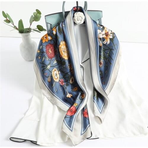 2021 New Silk Square Scarf Fashion Shawl Neck Wrap Hijab Headband Scarves Large Bufanda Floral Print Neckerchief Women Bandana