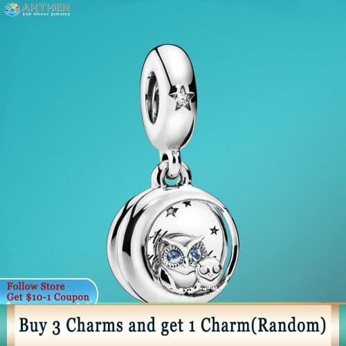 Ahthen 925 Sterling Silver Beads Always by Your Side Owl Dangle Charms fit Original Pandora Bracelets Women Jewelry Girl Gift