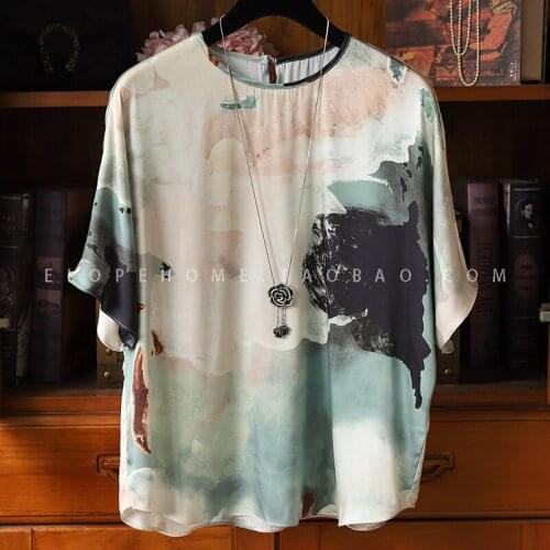 Stunning in the crowd~High-level sense is easy to wear! Ink painting printing double joe stretch satin printed silk shirt blouse