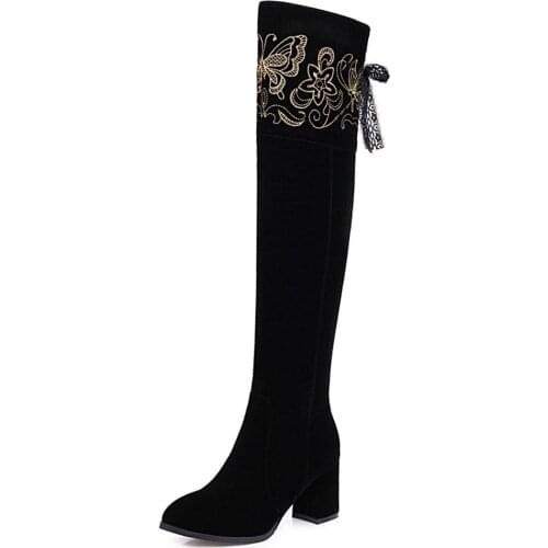 Horseshoe Heel Frosted Velvet Embroidered Over-The-Knee Boots Side Zipper Lace High-Heeled Long Womens Boots Plush Thermal Shoe