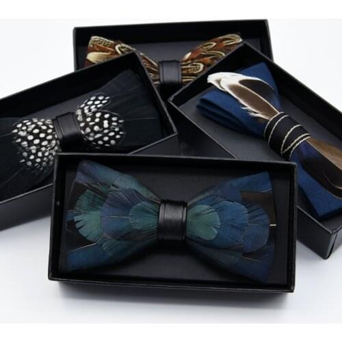 Unique Original Birds Colorful Feather Bow Tie Natural Hand Made Bowtie With Gift Box For Men Business Party Wedding