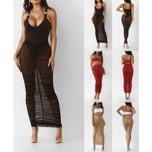 Sagace pleated slim sexy perspective gauze beach solid womens skirt black medium length skirt children 2021 Skirt