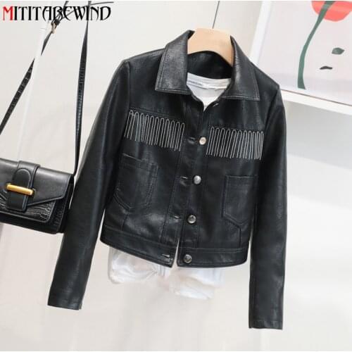 Spring New Tassel Beads Leather Jacket Women Short Style Korean Fashion Streetwear Biker Jacket Single Breasted PU Leather Coat