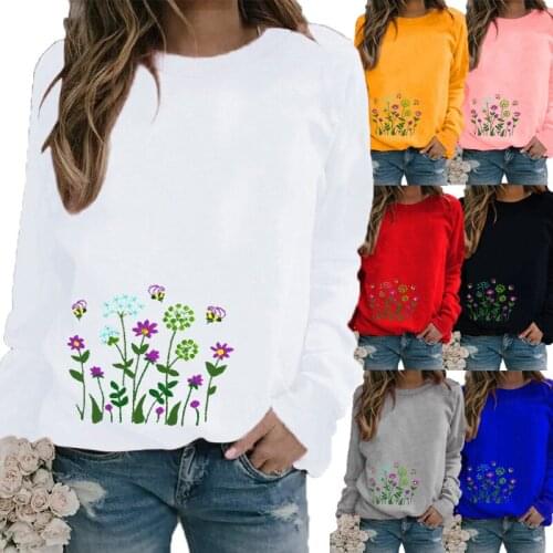 Womens Winter Floral Printed Round Neck Long Sleeve Casual T-shirt Plus Size Ladies Long Sleeve Tops Sweatshirt