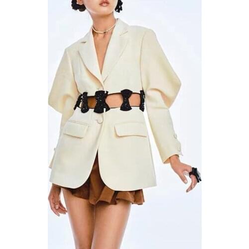Free Shipping Womens Clothing 2021 Autumn Blazer Jacket Bow Belt Woman Single Breasted Puff Sleeve Blazers Elegant Stylish