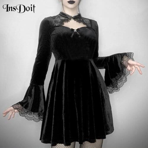 InsDoit Goth Flare Sleeve Black Autumn Dress Women Velvet Vintage Lace Harajuku A LINE Dress Hollow Out Sexy Elegant Party Dress