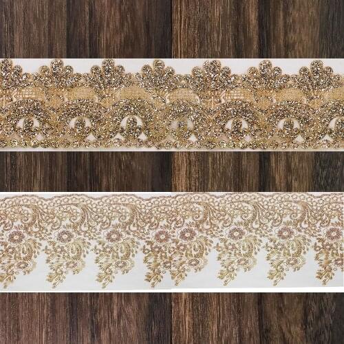 5yards Glitter Gold Sequin Lace Trim Flower Applique Ribbon Fabric Motif Trimming Venice Sewing for Clothes Dress T2770