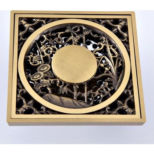 Antique Brass Vintage Retro Carved Flower Pattern Bathroom Shower Drain 4" Square Floor Drain Waste Grates ahr073