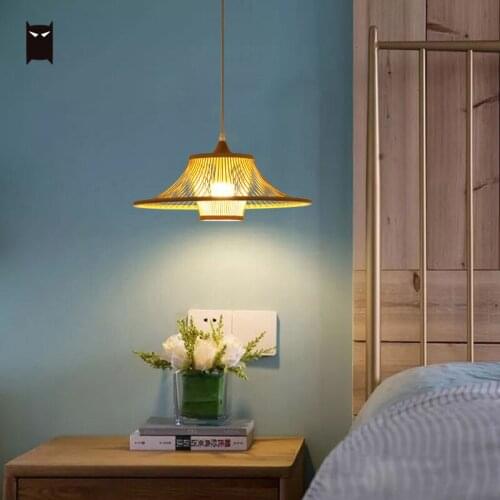 Bamboo Wicker Rattan Rod Pendant Light Fixture Modern Minimalist Nordic Japanese Style Hanging Ceiling Lamp for Bedroom Bedside