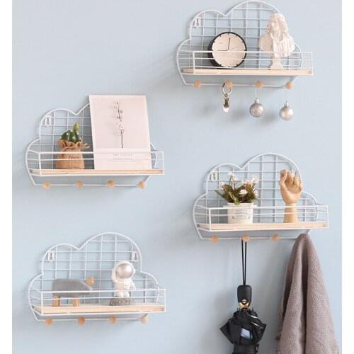 Clouds Wooden Wall Shelf Living Room Decoration Iron Wall Key Box Home Decoration Modern Housekeeper On Wall Shelves Bedroom Hot