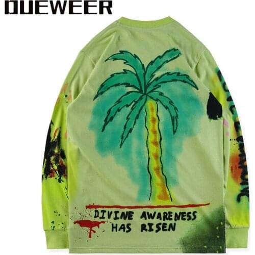 Dueweer Men Women Hip Hop Graffiti T-Shirt T-shirts Long Sleeve Kanye West Skull Rock Oversized Summer Tee Streetwear Top