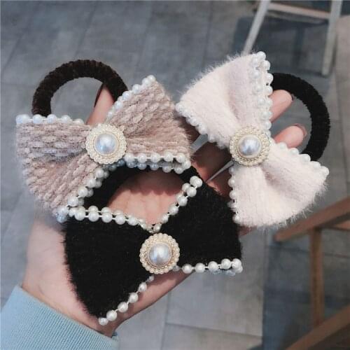 Fleece Pearl Bowknot Autumn Winter Elastic Hair Ties Band for Woman Girl Fashion Korean Mujer Accessories Hyuna Dropshipping