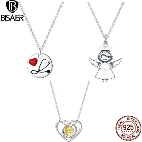 BISAER Hot Sale 925 Sterling Silver Angel Heart Necklaces Pendants for Women Sterling Silver Jewelry ECN426