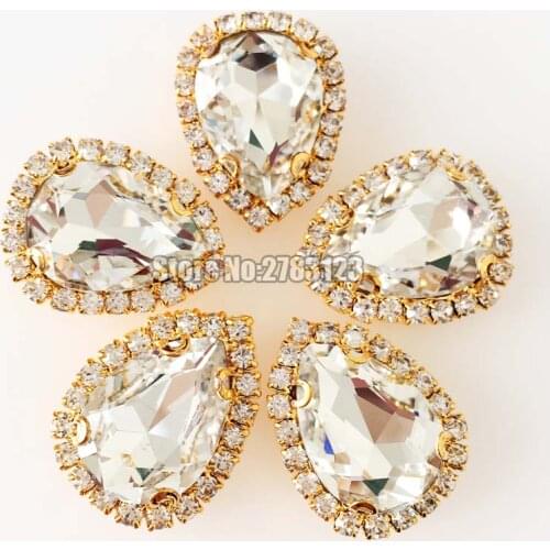DIY clothing Gold bottom tear drop faltback Crystal button,white AAA+ Glass Crystal sew on rhinestones with claw Free shipping