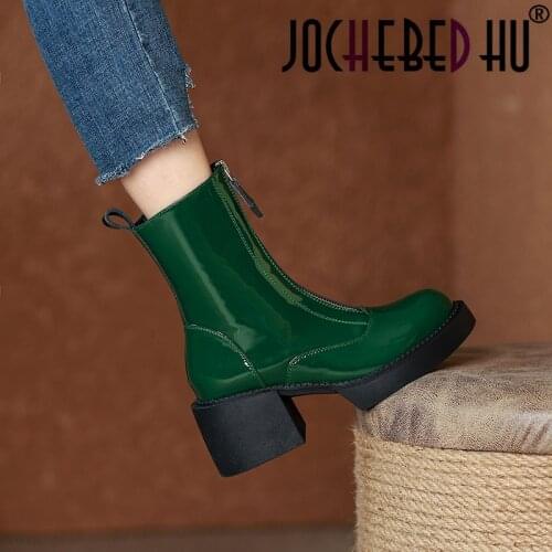 【JOCHEBED HU】2021 New Genuine Leather Boots Zipper Square High Heels Ankle Boots Green Black Autumn Women Boots Fashion Shoes