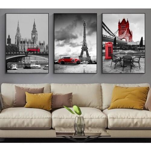 Modern Red City Tower Poster Bridge Bus Black White Wall Art Picture Canvas Painting Print For Living Room Bedroom Home Decor