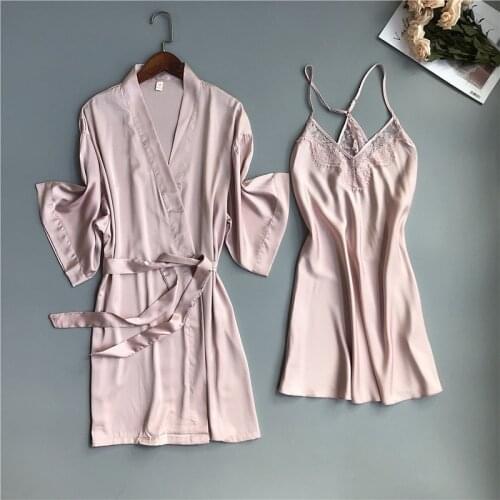 2019 Spring Summer Women Satin Robe & Gown Sets Sexy Lace Sleep Lounge Sleeveless Sil Nightwear Bathrobe+Night Dress Chest Pads