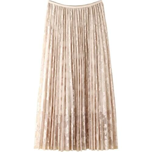 Womens Clothing 2018 Summer New Lace Hook Flower Pleated Skirt Elastic Waist Wild Bottom Skirt Skirts Womens Summer Skirt