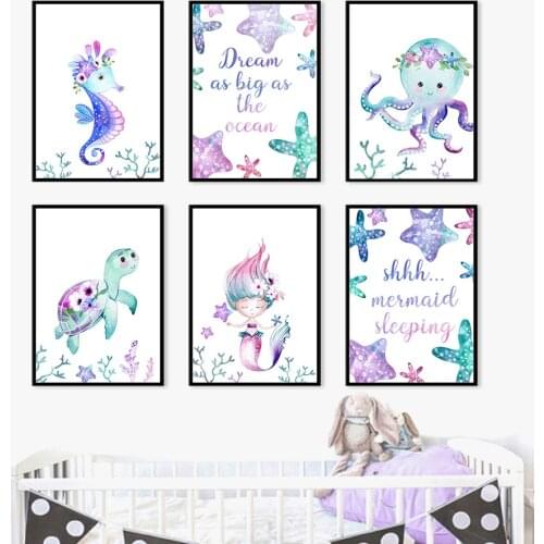 Little Mermaid Seahorse Octopus Sea Turtle Wall Art Canvas Painting Nordic Posters And Prints Wall Pictures Baby Kids Room Decor